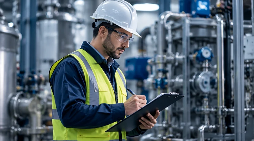 Especialista revisa una lista de verificación en instalaciones industriales